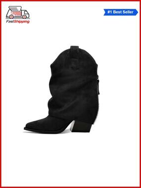 Womens Fold Over Ankle Boots Pointed Toe Chunky Heel Side Zipper Booties